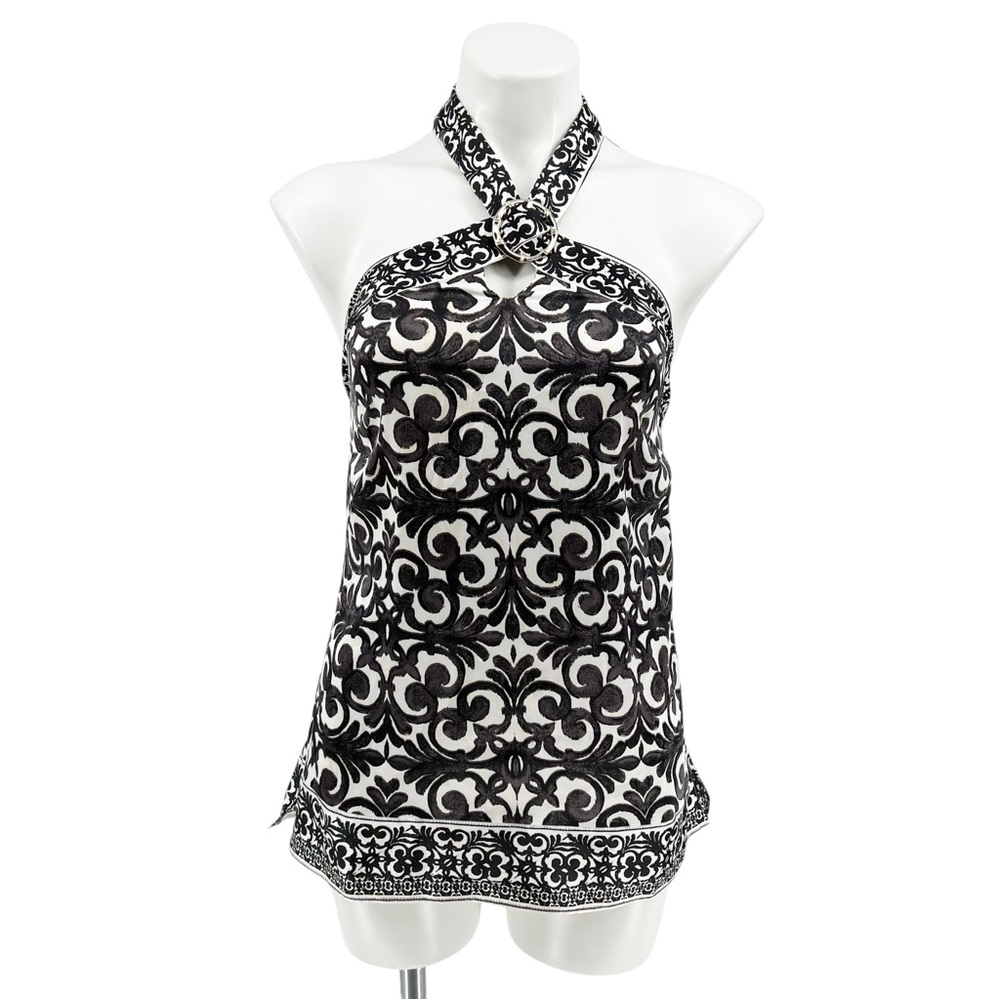 White House Black Market Black and White Patterned Silky Halter Top